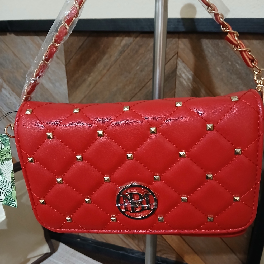 Badgley Mischka Quilted Red Crossbody Bag with Gold Stud Accents. NWT